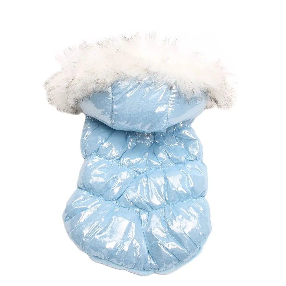 Blue winter dog puffer coat with faux fur trim, shiny durable exterior