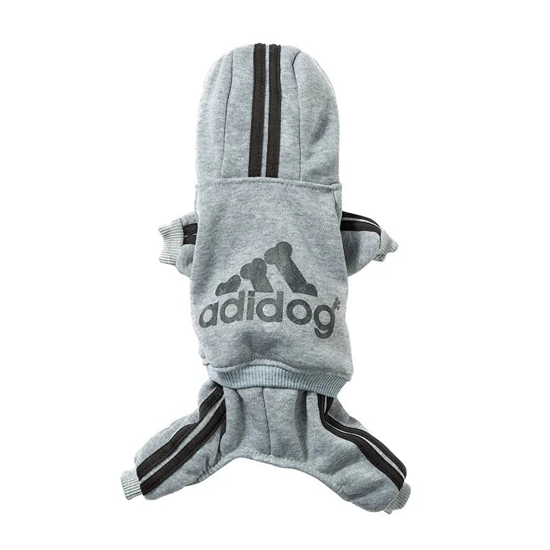Gray dog romper jumpsuit with a sporty pattern, featuring a comfortable fit and stretch for easy dressing.