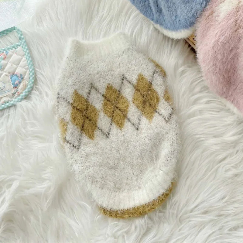 Soft, cozy dog sweater in a light color, featuring a snug fit and stretch for added warmth and comfort.