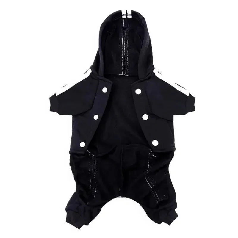 Black dog romper jumpsuit with a sporty pattern, featuring a comfortable fit and stretch for easy dressing.