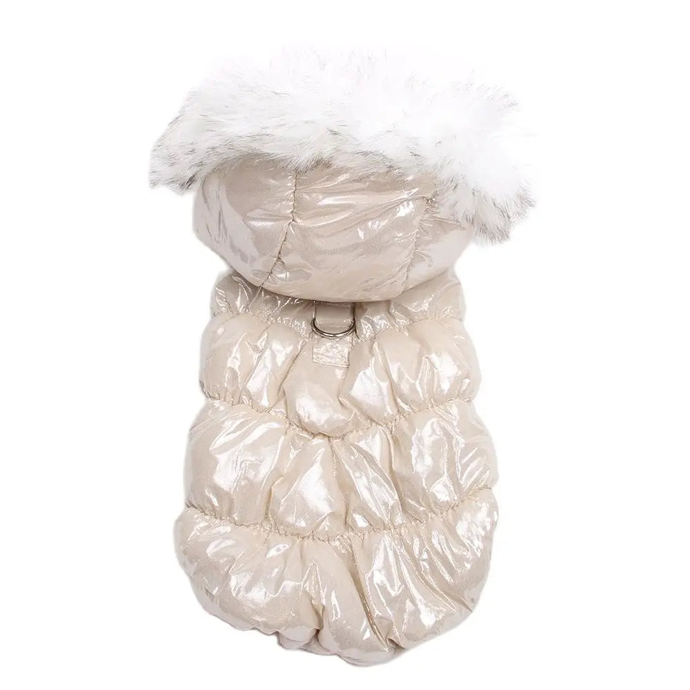 Cream winter dog puffer coat with faux fur trim, shiny durable exterior 