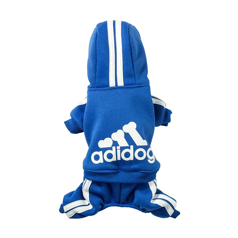 Dark blue dog romper jumpsuit with a sporty pattern, featuring a comfortable fit and stretch for easy dressing.