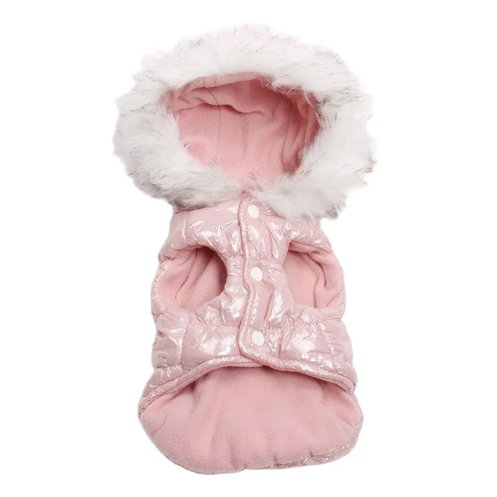 Pink winter dog puffer coat with faux fur trim, shiny durable exterior 