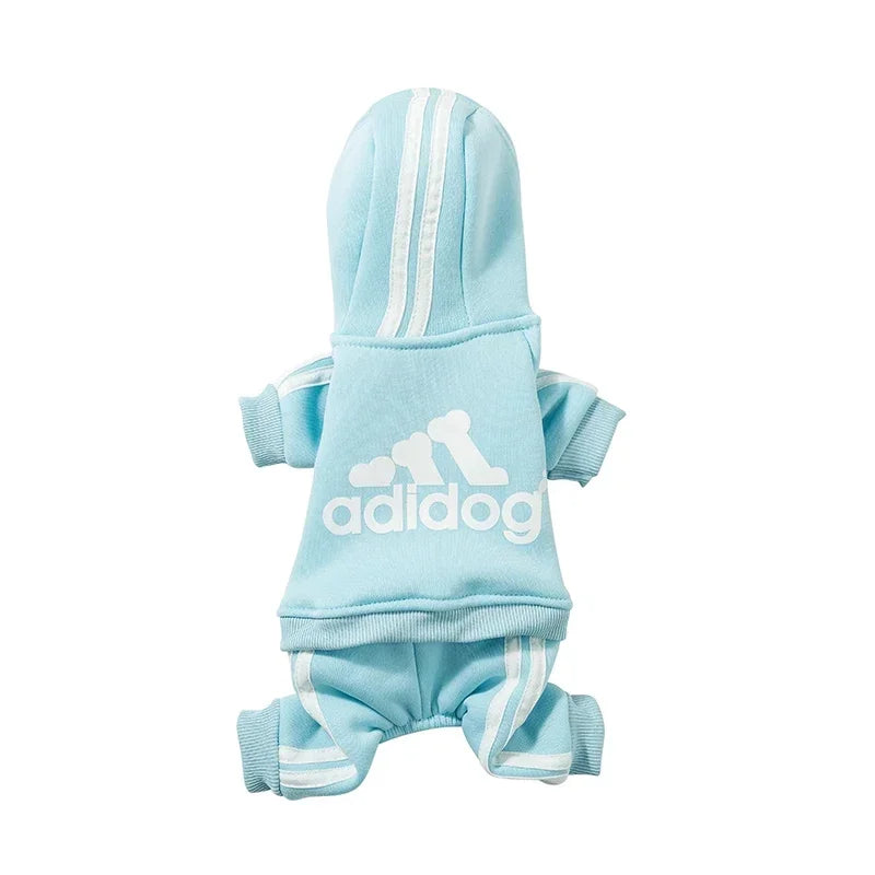 Blue dog romper jumpsuit with a sporty pattern, featuring a comfortable fit and stretch for easy dressing.